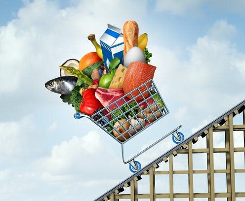 <span class="caption">Up she goes. </span> <span class="attribution"><a class="link " href="https://www.shutterstock.com/image-illustration/food-price-increase-grocery-bill-rise-1250958577" rel="nofollow noopener" target="_blank" data-ylk="slk:Lightspring;elm:context_link;itc:0;sec:content-canvas">Lightspring</a></span>