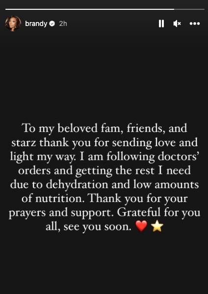 Brandy shares a health update after reports indicated she suffered a medical emergency. (Brandy/Instagram Story)