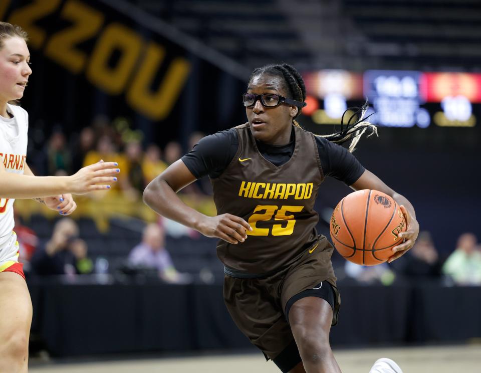 Kickapoo's Josie Salazar (25) drives the ball during a Class 6 state championship girls basketball game between Kickapoo and Incarnate Word, Saturday, March 16, 2024, at Mizzou Arena in Columbia, Mo.