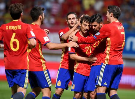 Football Soccer - Spain v Liechtenstein - World Cup 2018 Qualifying European Zone - Group G- Reino de Leon stadium, Leon, Spain - 5/9/16 Spain's David Silva (3rd R) celebrates his goal with teammates. REUTERS/Eloy Alonso