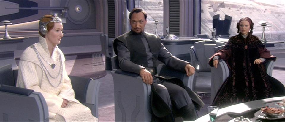 Mon Mothma with Bail Organa and Padme Amidala in Revenge of the Sith's deleted scene.