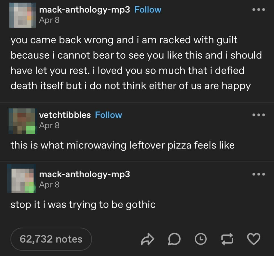 Tumbl posts comparing heartbreak to microwaving leftover pizza, humorous contrast