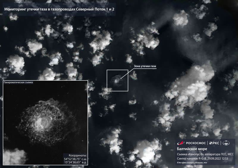 A satellite image shows gas leaks from Nord Stream pipeline in the Baltic Sea