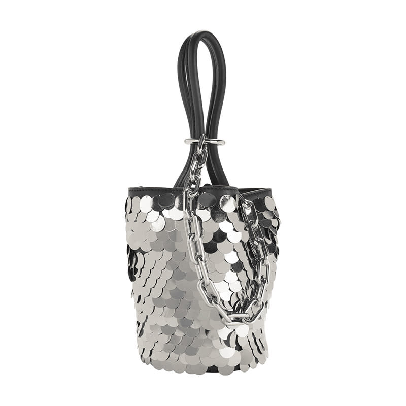 <a rel="nofollow noopener" href="http://www.anrdoezrs.net/links/3550561/type/dlg/http://www.intermixonline.com/alexander-wang/roxy-sequin-mini-bucket-bag/2048C0296L-001.html?dwvar_2048C0296L-001_color=100&cgid=new" target="_blank" data-ylk="slk:Roxy Sequin Mini Bucket Bag, Alexander Wang, $750;elm:context_link;itc:0;sec:content-canvas" class="link ">Roxy Sequin Mini Bucket Bag, Alexander Wang, $750</a>