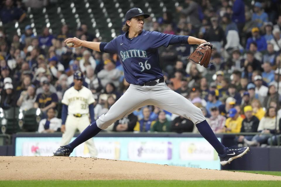 Seattle Mariners pitcher Logan Gilbert throws to a Milwaukee Brewers batter during the first inning of a baseball game Friday, April 5, 2024, in Milwaukee. (AP Photo/Kayla Wolf)