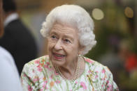 Britain's Queen Elizabeth II attends an event in celebration of 'The Big Lunch 'initiative, during the G7 summit in Cornwall, England, Friday June 11, 2021. (Oli Scarff/Pool Photo via AP)