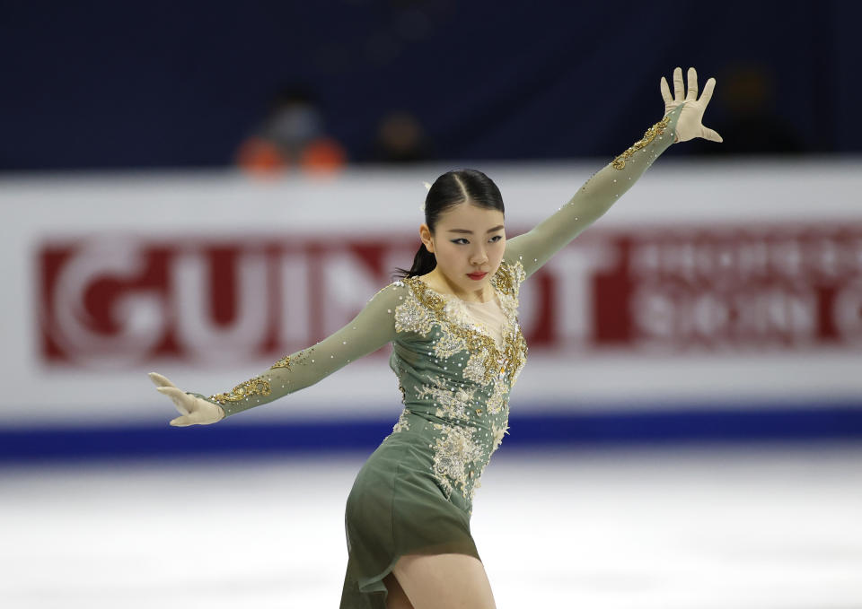 Japan's Rika Kihira performs during the ladies' single free skating competition in the ISU Four Continents Figure Skating Championships in Seoul, South Korea, Saturday, Feb. 8, 2020. (AP Photo/Lee Jin-man)