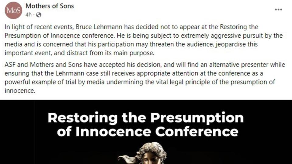 Assignment Freelance Picture A Facebook posting announcing Bruce Lehrmann had pulled out of\n speaking at a legal conference in Sydney. Picture: Supplied/Instagram.