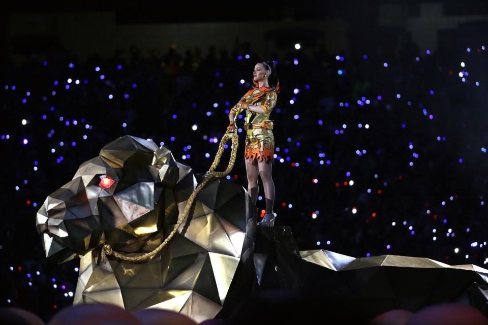 Katy Perry performs during halftime of NFL Super Bowl XLIX football game Sunday, Feb. 1, 2015, in Glendale, Ariz. (AP Photo/Mark Humphrey)