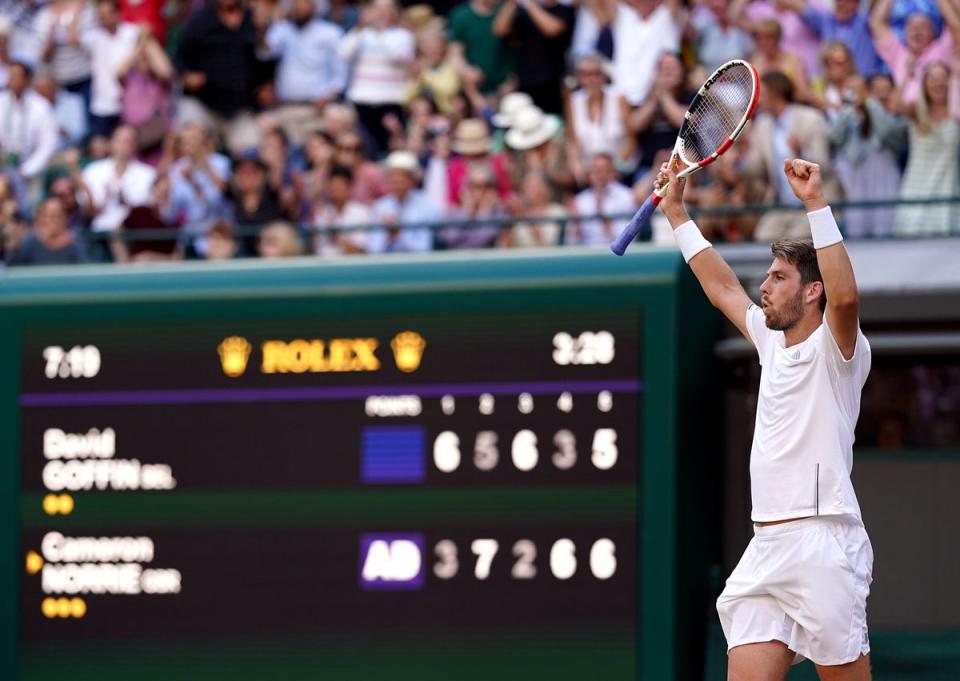 Cameron Norrie after his quarter-final defeat of David Goffin (John Walton/PA) (PA Wire)