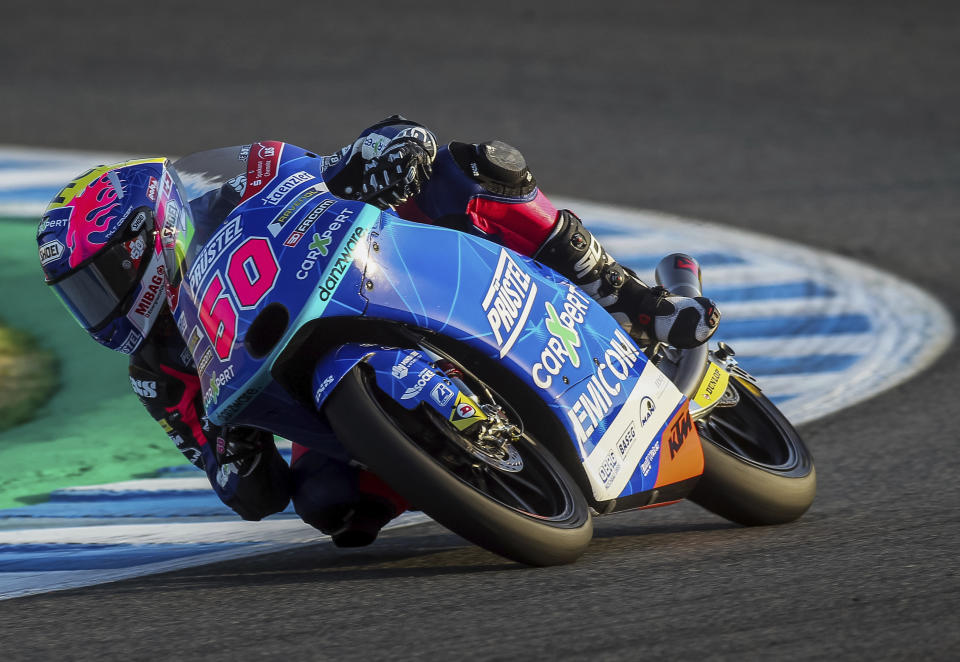 FILE - In this file photo dated Sunday, July 19, 2020, Swiss driver Jason Dupasquier during the Moto 3 warm up prior the Spanish Motorcycle Grand Prix race at the Angel Nieto racetrack in Jerez de la Frontera, Spain. 19-year old Swiss motorcycle driver Jason Dupasquier has died following a crash during Moto3 qualifying for the Italian Grand Prix, according to an announcement Sunday May 30, 2021, issued by The Careggi Hospital in Florence where he was being treated. (AP Photo/David Clares, FILE)