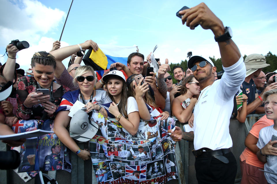 Briton Lewis Hamilton meets his fans at the Spa-Francorchamps circuit, before the 2017 Belgian Grand Prix