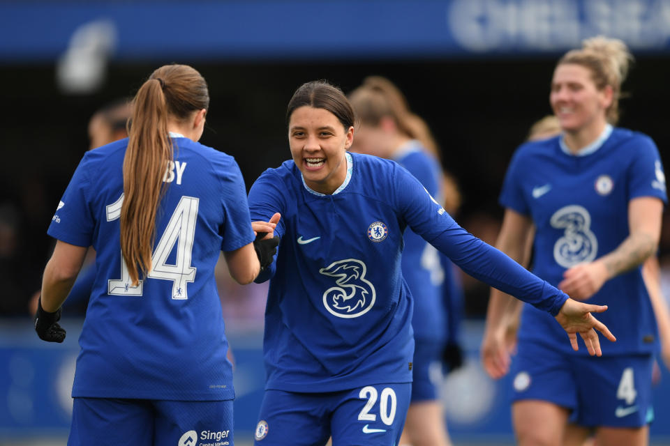 KINGSTON UPON THAMES, ENGLAND - JANUARY 29: Sam Kerr of Chelsea celebrates with teammate Fran Kirby after scoring her team's second goal during the Vitality Women's FA Cup Fourth Round match between Chelsea FC Women and Liverpool Women at Kingsmeadow on January 29, 2023 in Kingston upon Thames, England. (Photo by Harriet Lander - Chelsea FC/Chelsea FC via Getty Images)