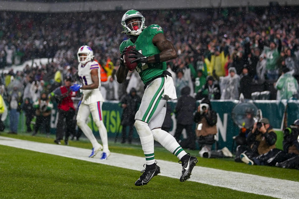 Philadelphia Eagles wide receiver A.J. Brown celebrates after scoring against the Buffalo Bills during the second half of an NFL football game Sunday, Nov. 26, 2023, in Philadelphia. (AP Photo/Matt Slocum)