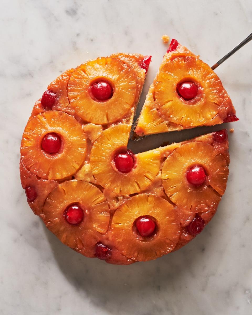 pineapple upside down cake topped with pineapple circles and cherries