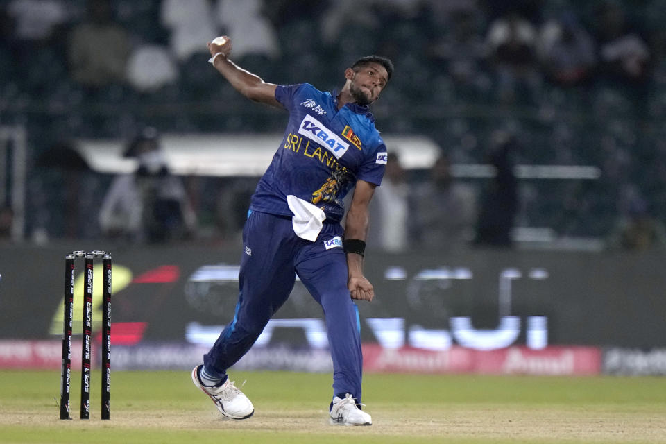 Sri Lanka's Kasun Rajitha bowls during the Asia Cup cricket match between Afghanistan and Sri Lanka in Lahore, Pakistan, Tuesday, Sept. 5, 2023. (AP Photo/K.M. Chaudary)