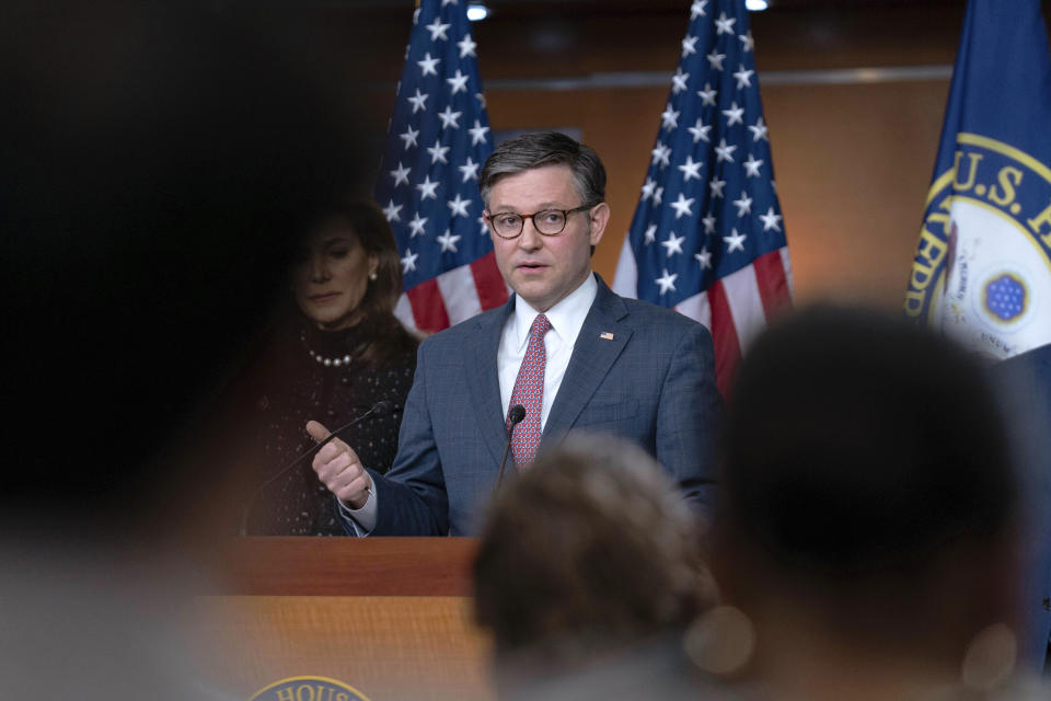 Speaker of the House Mike Johnson, R-La., speaks during a news conference on Capitol Hill in Washington, Wednesday, April 10, 2024. (AP Photo/Jose Luis Magana)