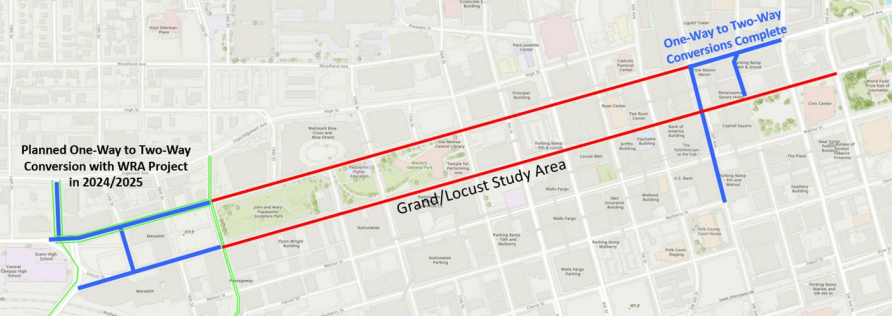Locust Street and Grand Avenue two-way conversion proposal.