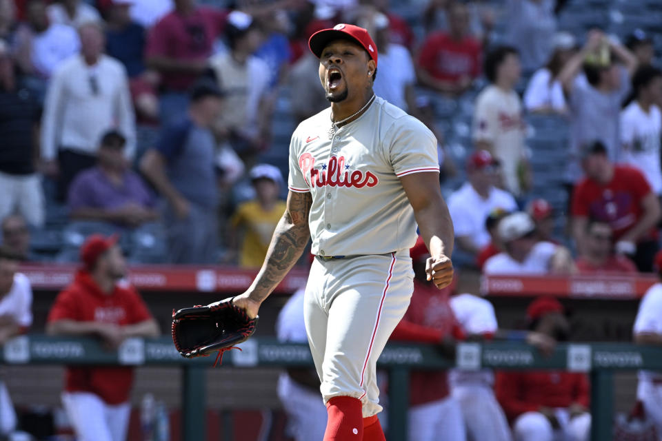 Philadelphia Phillies relief pitcher Gregory Soto reacts after Los Angeles Angels' Taylor Ward flies out to left field during the ninth inning of a baseball game in Anaheim, Calif., Wednesday, May 1, 2024. (AP Photo/Alex Gallardo)