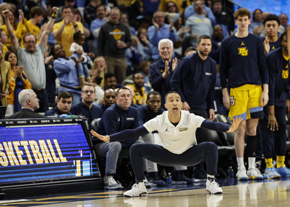 Marquette coach Shaka Smart watches play during the second half of the team's NCAA college basketball game against St. John's on Saturday, Feb. 10, 2024, in Milwaukee. (AP Photo/Jeffrey Phelps)