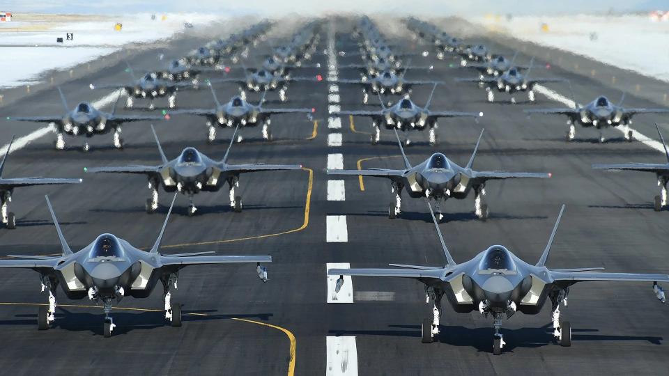 Air Force F-35A Joint Strike Fighters conduct an "Elephant Walk" readiness drill at Hill Air Force Base in 2020. <em>USAF</em>