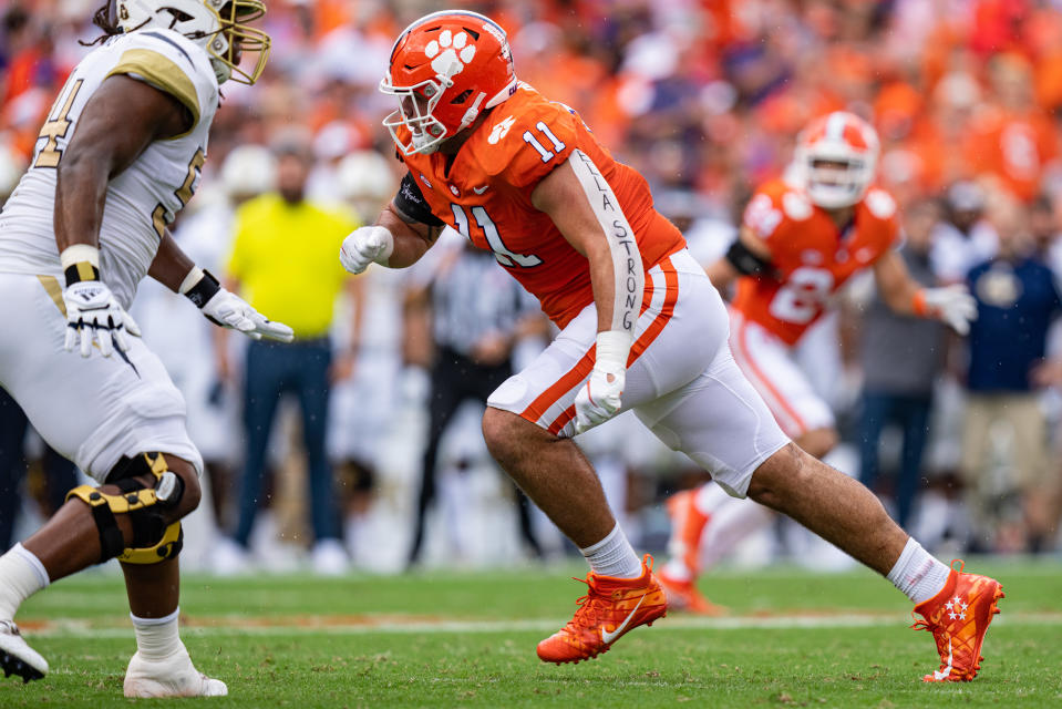 CLEMSON, SOUTH CAROLINA - SEPTEMBER 18: Defensive lineman Bryan Bresee #11 of the Clemson Tigers runs against the Georgia Tech Yellow Jackets during their game at Clemson Memorial Stadium on September 18, 2021 in Clemson, South Carolina. (Photo by Jacob Kupferman/Getty Images)