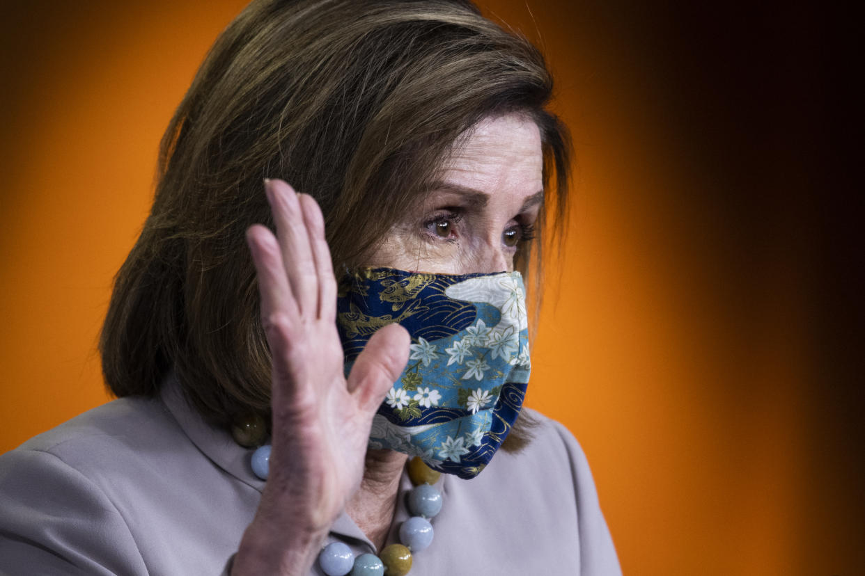 UNITED STATES - DECEMBER 10: Speaker of the House Nancy Pelosi, D-Calif., conducts her weekly news conference in the Capitol Visitor Center on Thursday, December 10, 2020. (Photo By Tom Williams/CQ-Roll Call, Inc via Getty Images)