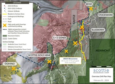 Figure 1: Overview plan view map of the Scottie Gold Mine Project, illustrating the locations of the mineralized zones and the reported cross-section (Figure 2) from this release. (CNW Group/Scottie Resources Corp.)