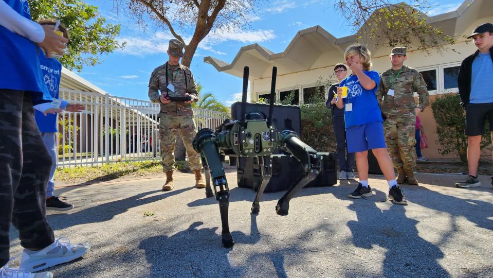 Members of the U.S. Air Force and U.S. Space Force were on hand at the BPS Innovation Games to demonstrate the Ghost Robotics Vision 60 "Robot Dog" ground drone. The drones could be used to patrol beaches during space launches that are unsafe for humans.