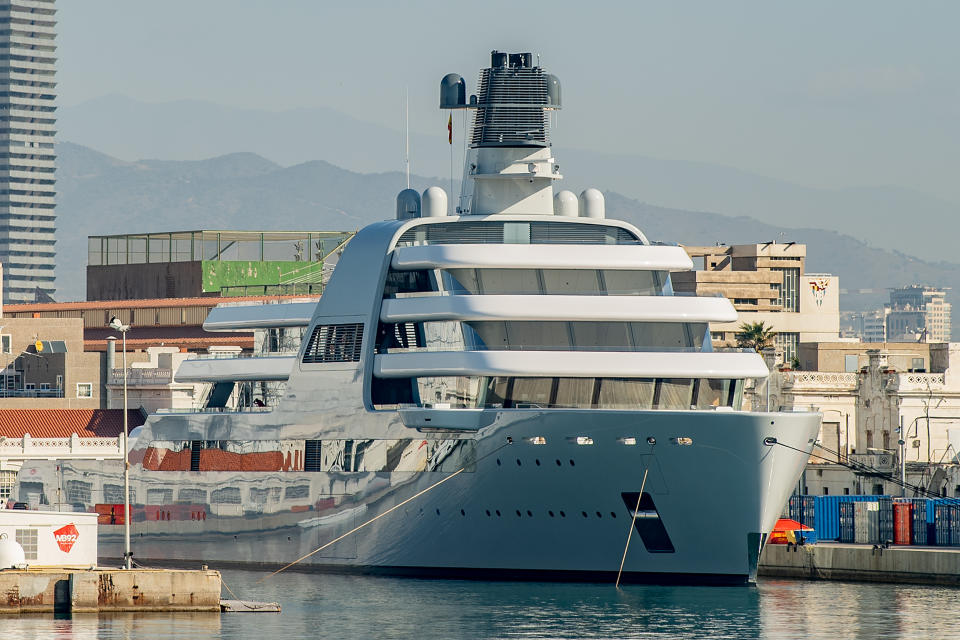 Roman Abramovich&#39;s Super Yacht Solaris is seen moored at Barcelona Port on March 01, 2022 in Barcelona, Spain. (Photo by David Ramos/Getty Images)