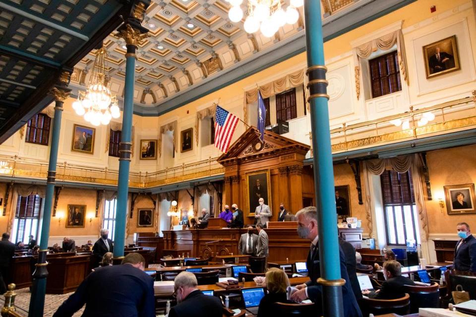 Lawmakers on their first day back of the new session in the Senate chambers of the South Carolina State House on January 11, 2022.