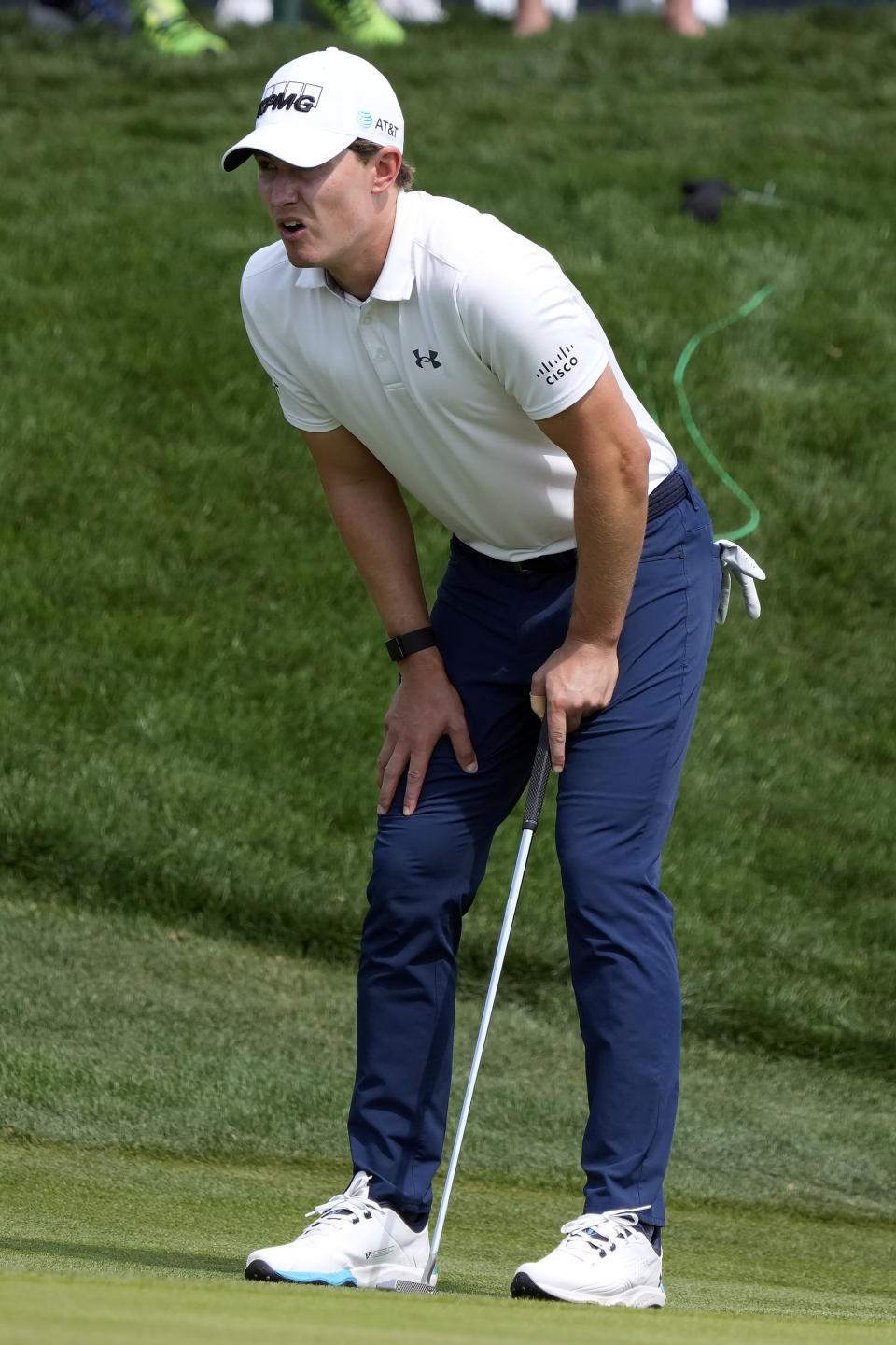 Maverick McNealy reacts to a missed putt on the 18th during the second round of The Players Championship golf tournament Friday, March 15, 2024, in Ponte Vedra Beach, Fla. (AP Photo/Lynne Sladky)