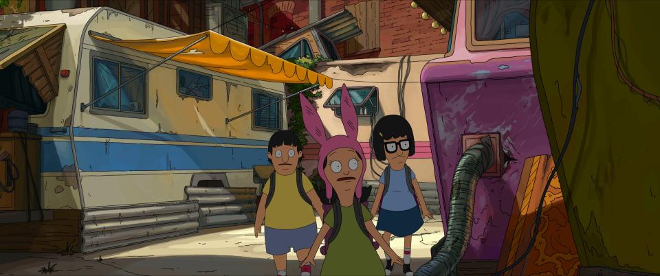 Gene Belcher (voiced by Eugene Mirman), Louise Belcher (voiced by Kristen Schaal), and Tina Belcher (voiced by Dan Mintz) in "The Bob's Burger Movie."