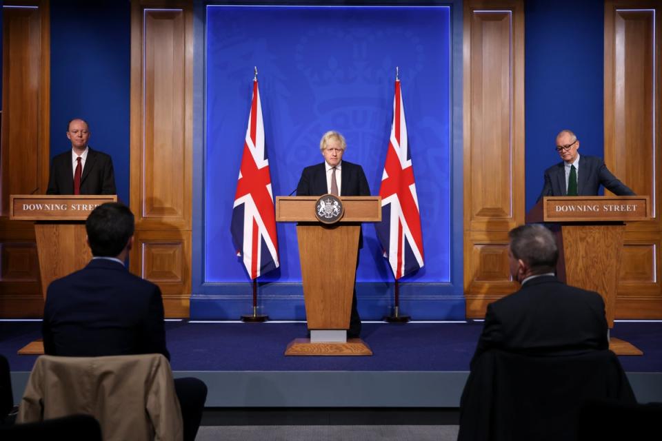 Prof Chris Whitty, Boris Johnson and Sir Patrick Vallance during Covid press conference (PA Wire)