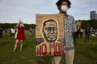 THE HAGUE, NETHERLANDS - JUNE 02: A protester holds a sign in protest as people gather on Malieveld in The Hague to attend a solidarity rally against racism in the aftermath of the killing of George Floyd by U.S. police officers on June 2, 2020 in The Hague, Netherlands. The rally is organized by KOZP (Kick Out Zwarte Piet), anti-racist activists against the Dutch Christmas tradition when people paint their face black and disguise in slave. (Photo by Pierre Crom/Getty Images)