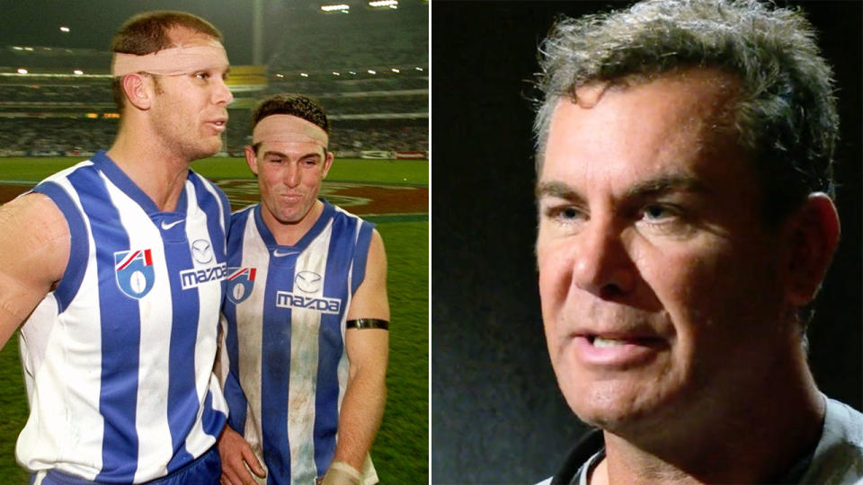 Seen on the right is Wayne Carey discussing his affair with former teammate Anthony Stevens' wife.