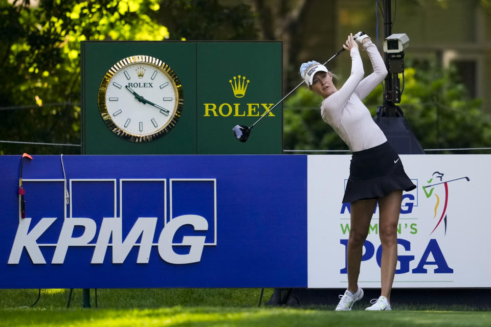 Nelly Korda tees off at the 18th hole during a practice round for the Womens PGA Championship golf tournament at Sahalee Country Club, Wednesday, June 19, 2024, in Sammamish, Wash. (AP Photo/Lindsey Wasson)