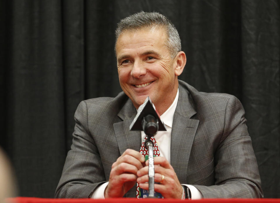 FILE - Ohio State NCAA college football head coach Urban Meyer answers questions during a news conference announcing his retirement in Columbus, Ohio, in this Tuesday, Dec. 4, 2018, file photo. A person familiar with the search says Urban Meyer and the Jacksonville Jaguars are working toward finalizing a deal to make him the team's next head coach. The person spoke to The Associated Press on the condition of anonymity Thursday, Jan. 14, 2021, because a formal agreement was not yet in place. (AP Photo/Jay LaPrete, File)