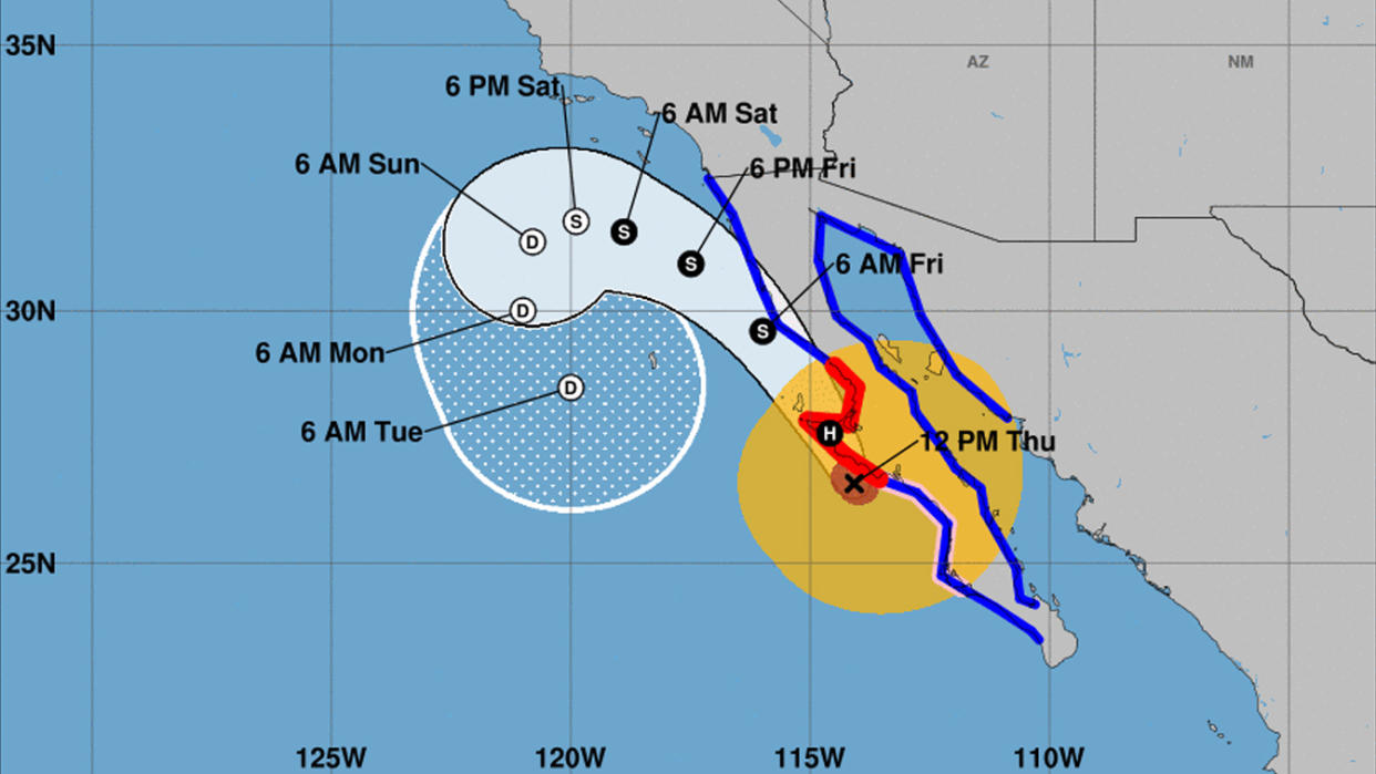 Weather map showing coasts of California and Mexico with indications showing storm tracking north along Baja California and then lingering along coast of Southern California from Thursday through following Tuesday.