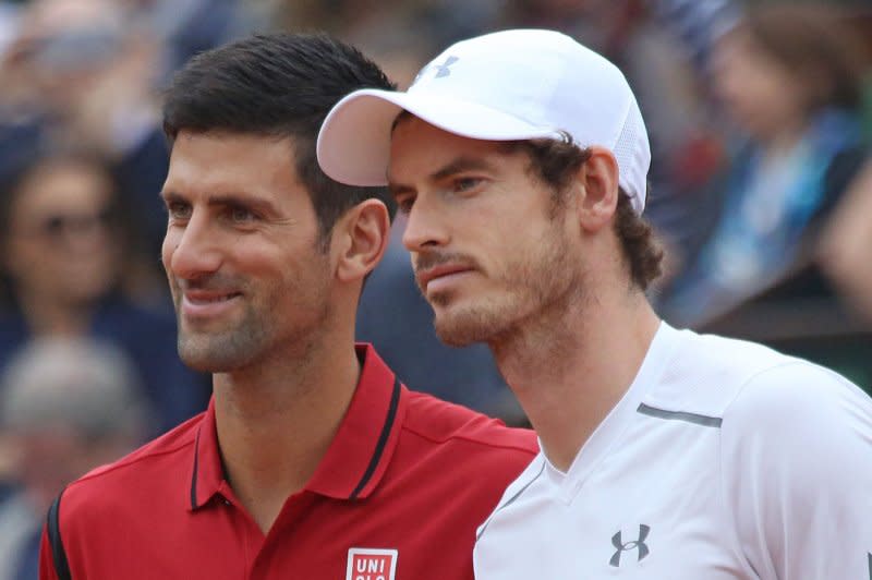 Novak Djokovic (L) was among the tennis legends to pay tribute to Andy Murray, who is expected to retire this summer, during Wimbledon 2024. File Photo by David Silpa/UPI