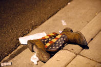 <p>A pair of cowboy boots is shown in the street outside the concert venue after a mass shooting at a music festival on the Las Vegas Strip in Las Vegas, Nevada on Oct. 1, 2017. (Photo: Las Vegas Sun/Steve Marcus/Reuters) </p>