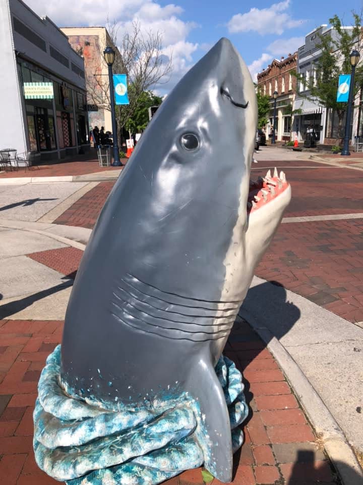 A shark bust at the corner of Library Street and E. Broadway in downtown Hopewell on May 7, 2024. It may possibly be a prop for a Pharrell Williams musical.