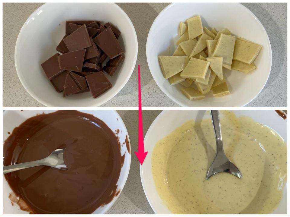 Top, normal chocolate. Bottom, the chocolate is melted.