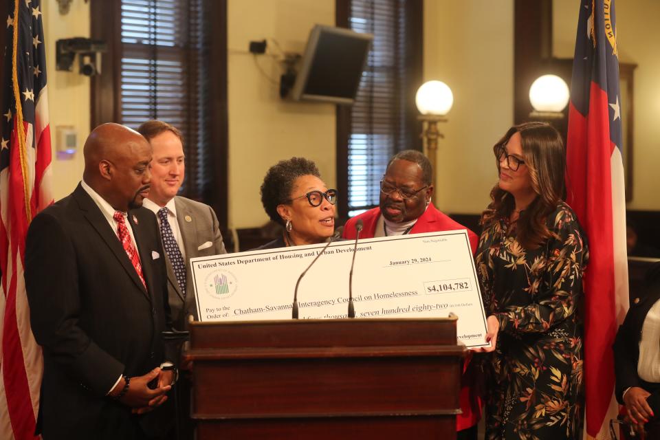 Marcia Fudge, secretary of the U.S. Department of Housing and Urban Development, presents a check for just over $4 million, to the Savannah-Chatham Interagency Council on Homelessness during a press conference at Savannah City Hall on Jan. 29 in Georgia.