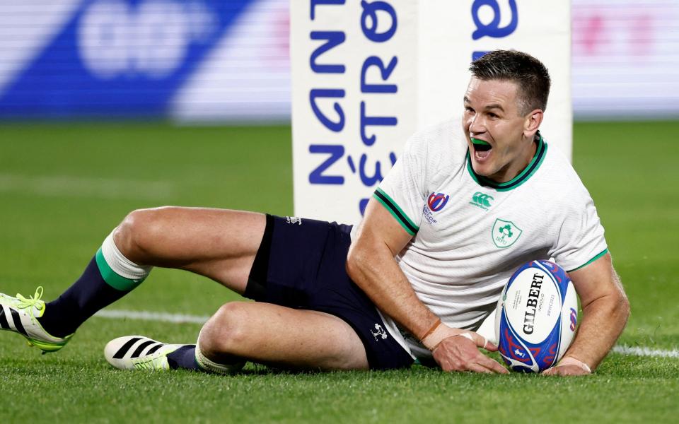 Johnny Sexton is all smiles as he scores to break the Irish all-time points scorer record