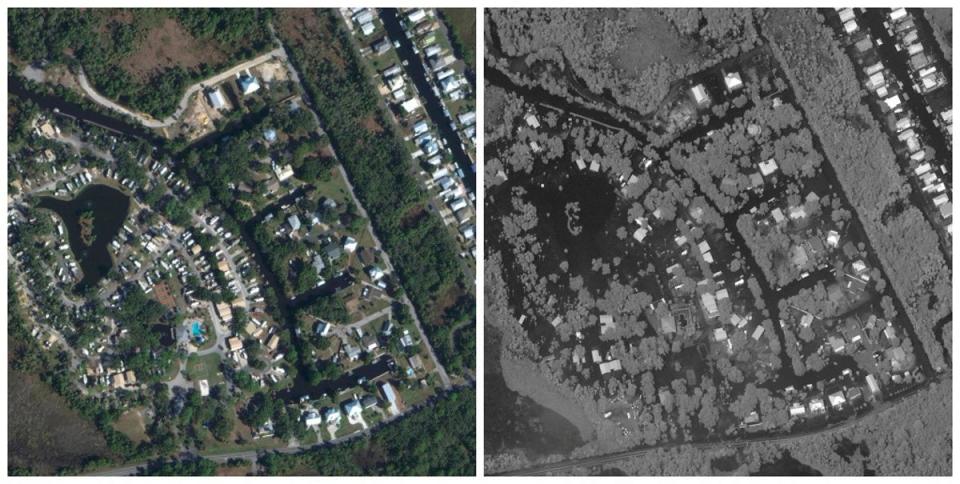 A combination picture shows satellite images of Crystal River before flooding (L) on January 12, 2023, and flooding in the aftermath of Hurricane Idalia in Florida (via REUTERS)