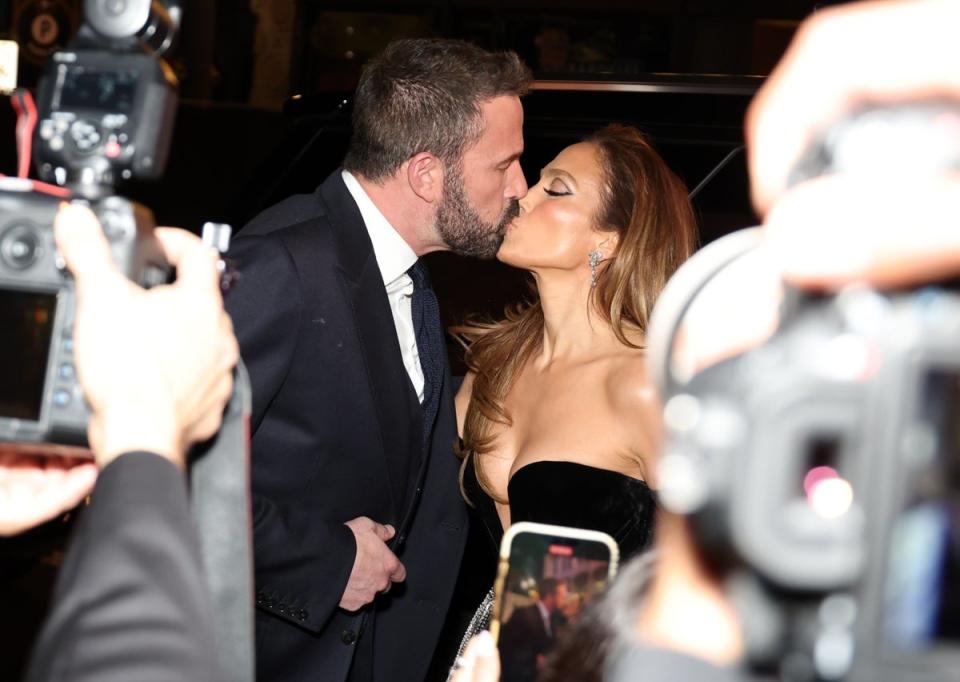 Affleck and Lopez kiss at premiere of ‘This Is Me...Now: A Love Story’ on 13 February 13 2024 in Los Angeles, California (Getty Images)