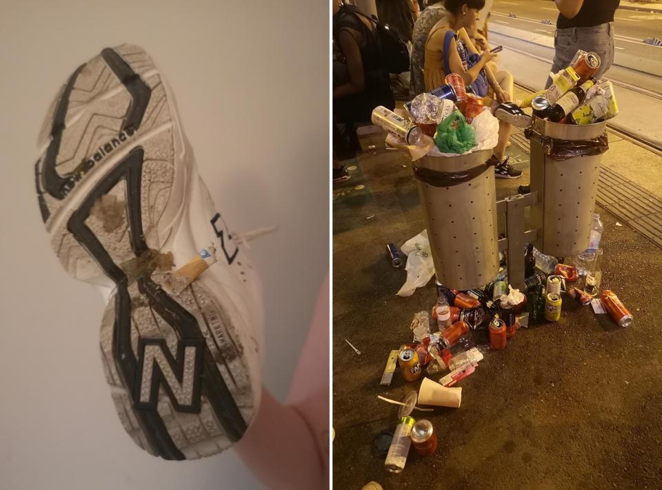 A cigarette stuck to the bottom of a sneaker and overflowing trash at the tram stop.