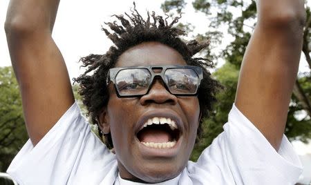 A member of the anti-gay caucus chants slogans against the lesbian, gay, bisexual, and transgender (LGBT) community as they march along the streets in Kenya's capital Nairobi July 6, 2015. REUTERS/Thomas Mukoya