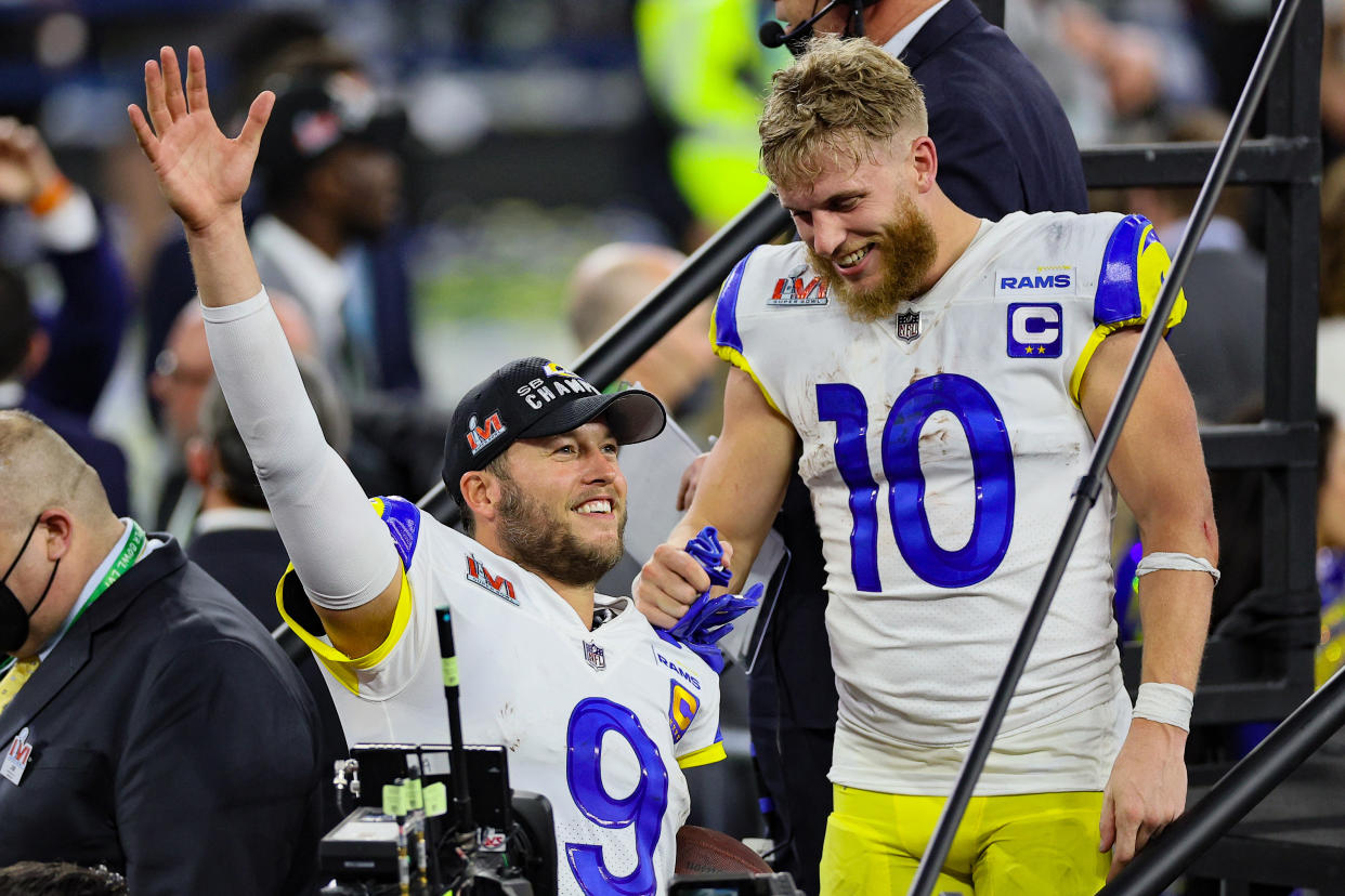 Cooper Kupp #10 and Matthew Stafford #9 of the Los Angeles Rams are an elite fantasy duo